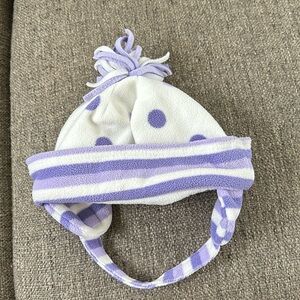 Toddler Girls Ear Warmer Winter White Purple Hat with Velcro strap. Size 2T-5T